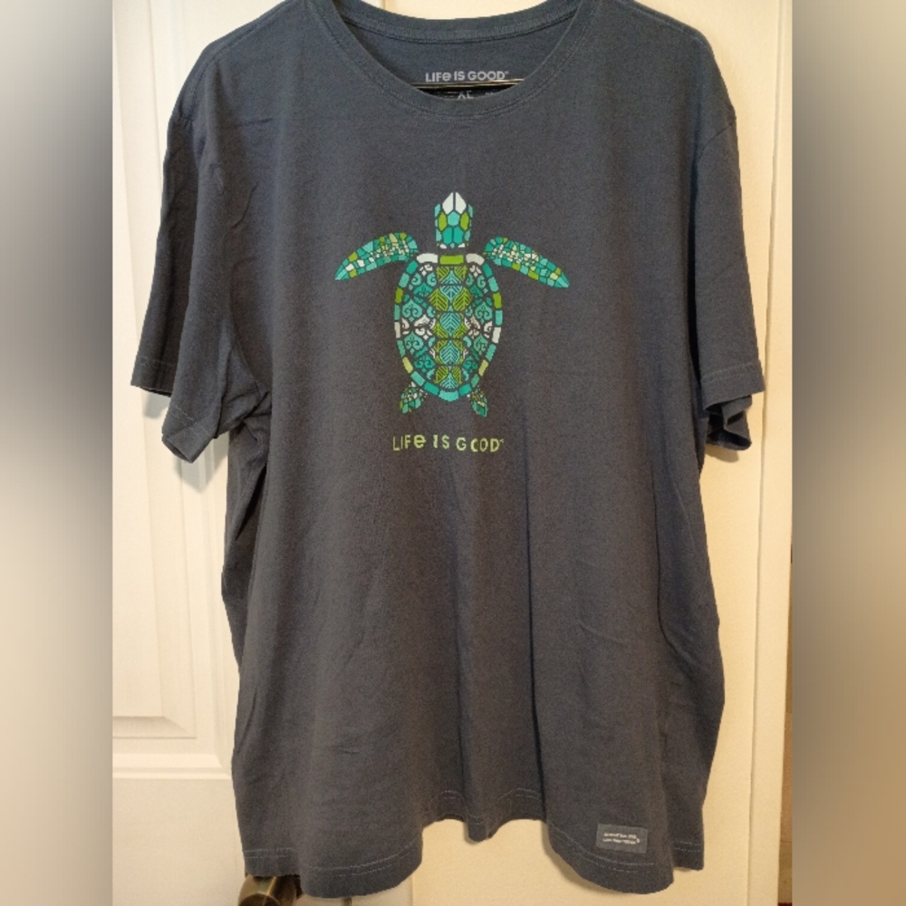 Life Is Good Navy Tee with Green & Aqua Mosaic Sea Turtle